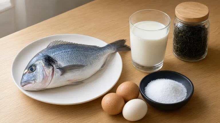 Продукты на кухонном столе: йодированная соль, морская рыба, молоко, яйца и небольшая банка морских водорослей